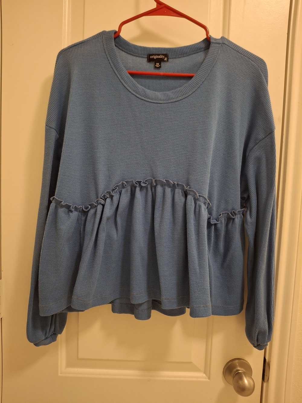 Blue Ruffle Peplum Thermal Top - Women's